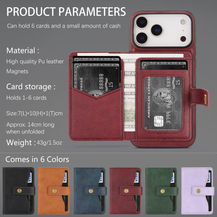 For iPhone 17 Pro Kalebol Magnetic Button Card Bag MagSafe Ring Leather Phone Case(Red)