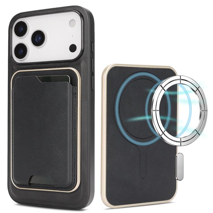 For iPhone 17 Pro Max Kalebol Slim MagSafe Ring Magnetic Card Bag Leather Phone Case(Black)