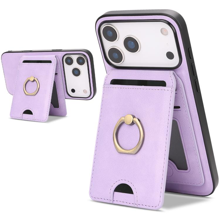 For iPhone 17 Pro Kalebol Strong MagSafe Ring Magnetic Card Bag Holder Leather Phone Case(Purple)