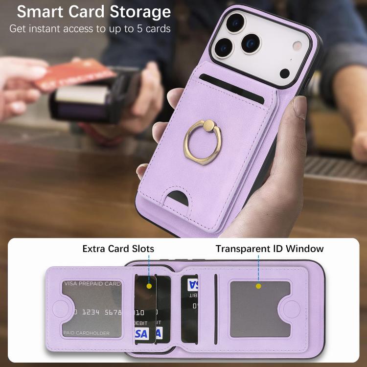 For iPhone 17 Pro Kalebol Strong MagSafe Ring Magnetic Card Bag Holder Leather Phone Case(Purple)