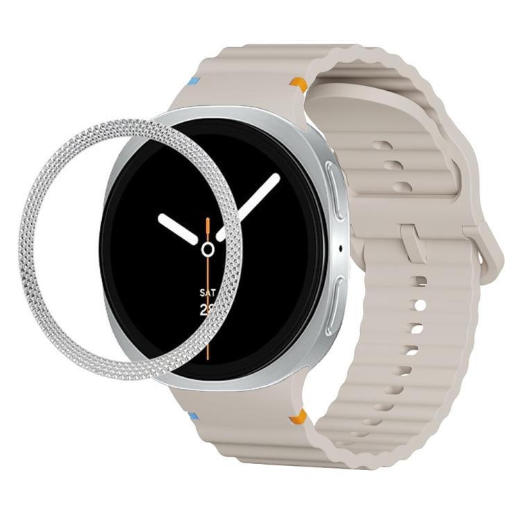 For Samsung Galaxy Watch8 40mm Rhombic Texture Bezel and Wavy Grain Stitched Color Buckle Silicone Watch Band(Starlight Silver)