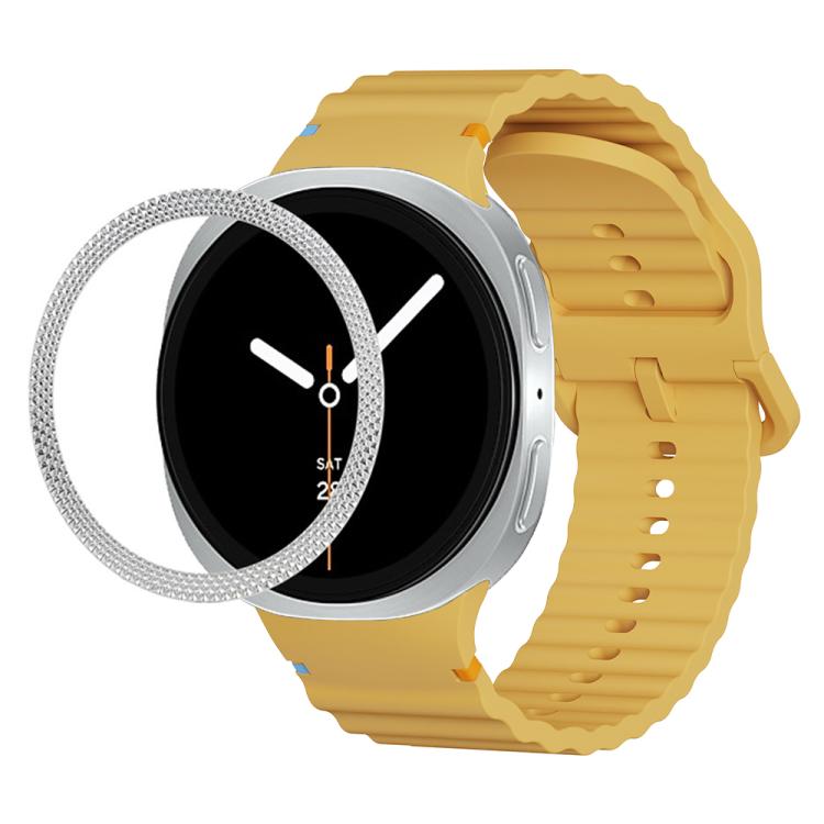 For Samsung Galaxy Watch8 40mm Rhombic Texture Bezel and Wavy Grain Stitched Color Buckle Silicone Watch Band(Yellow Silver)