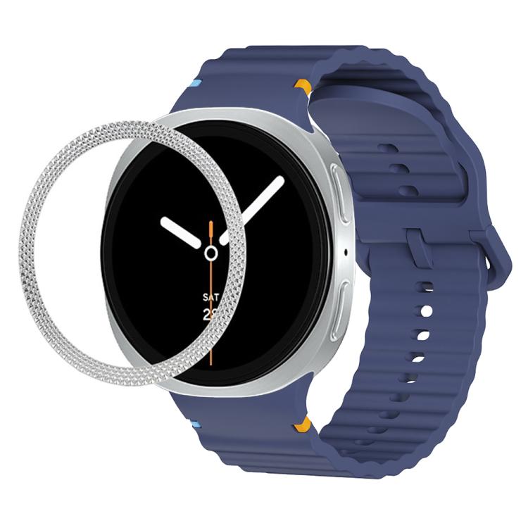 For Samsung Galaxy Watch8 40mm Rhombic Texture Bezel and Wavy Grain Stitched Color Buckle Silicone Watch Band(Midnight Blue Silver)