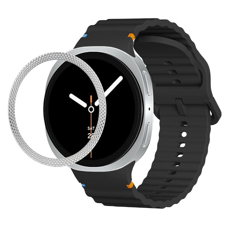For Samsung Galaxy Watch8 40mm Rhombic Texture Bezel and Wavy Grain Stitched Color Buckle Silicone Watch Band(Black Silver)