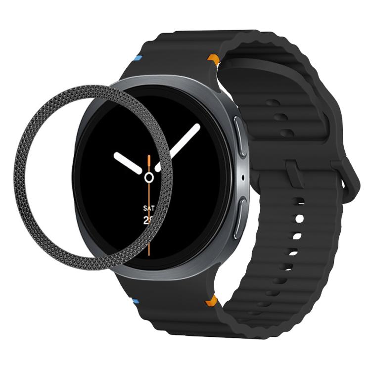 For Samsung Galaxy Watch8 40mm Rhombic Texture Bezel and Wavy Grain Stitched Color Buckle Silicone Watch Band(Black Black)