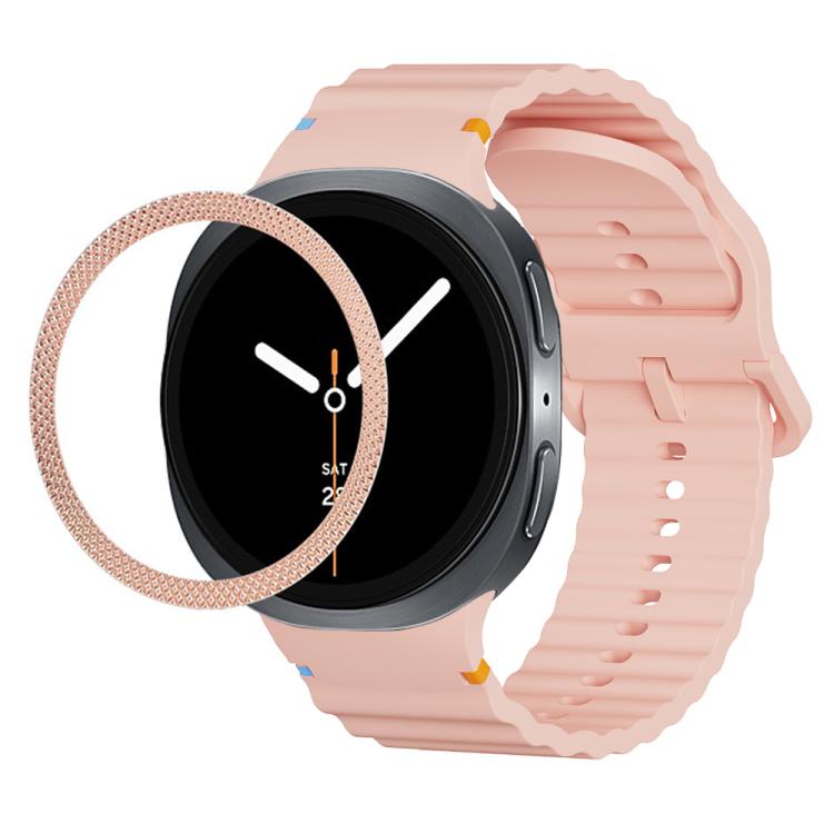 For Samsung Galaxy Watch8 40mm Rhombic Texture Bezel and Wavy Grain Stitched Color Buckle Silicone Watch Band(Pink Rose Gold)