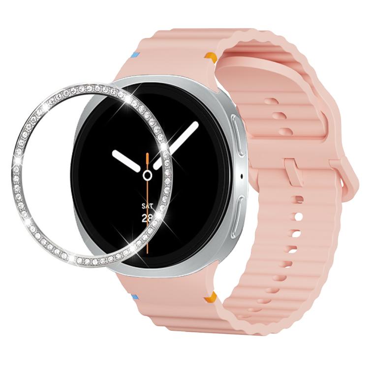 For Samsung Galaxy Watch8 44mm Diamond Bezel and Wavy Grain Stitched Color Buckle Silicone Watch Band(Pink Silver)