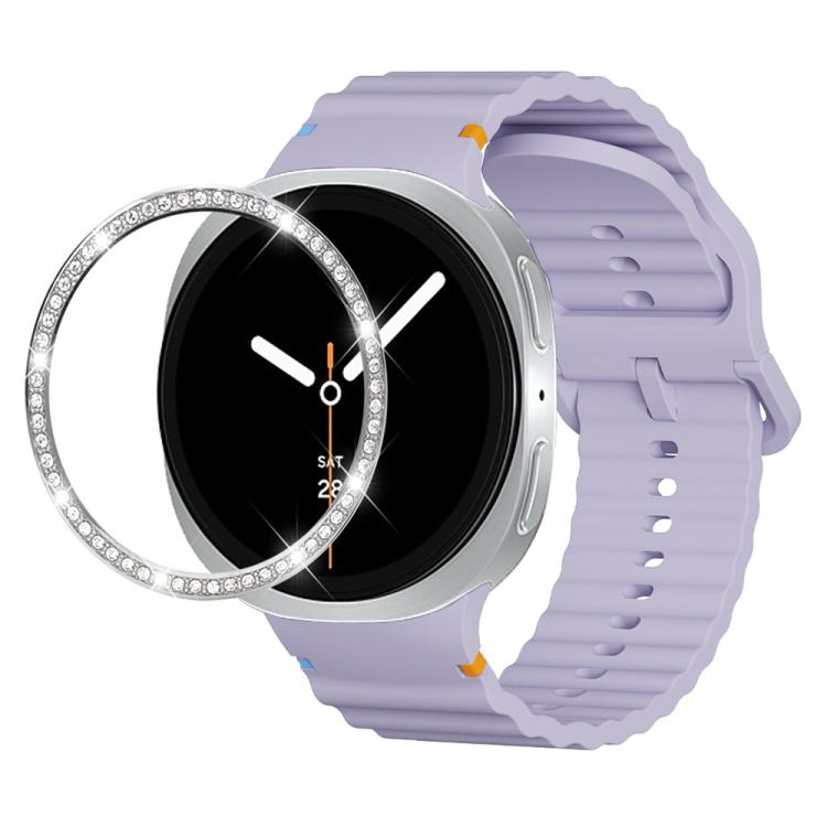 For Samsung Galaxy Watch8 40mm Diamond Bezel and Wavy Grain Stitched Color Buckle Silicone Watch Band(Purple Silver)