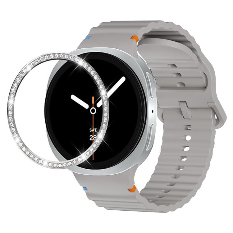 For Samsung Galaxy Watch8 40mm Diamond Bezel and Wavy Grain Stitched Color Buckle Silicone Watch Band(Gray Silver)