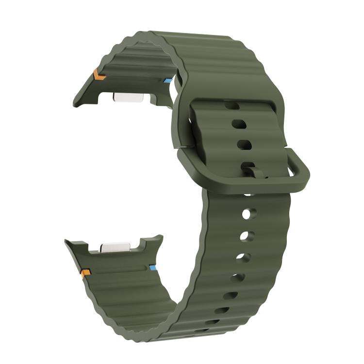For Samsung Galaxy Watch8 40mm Diamond Bezel and Wavy Grain Stitched Color Buckle Silicone Watch Band(Army Green Silver)