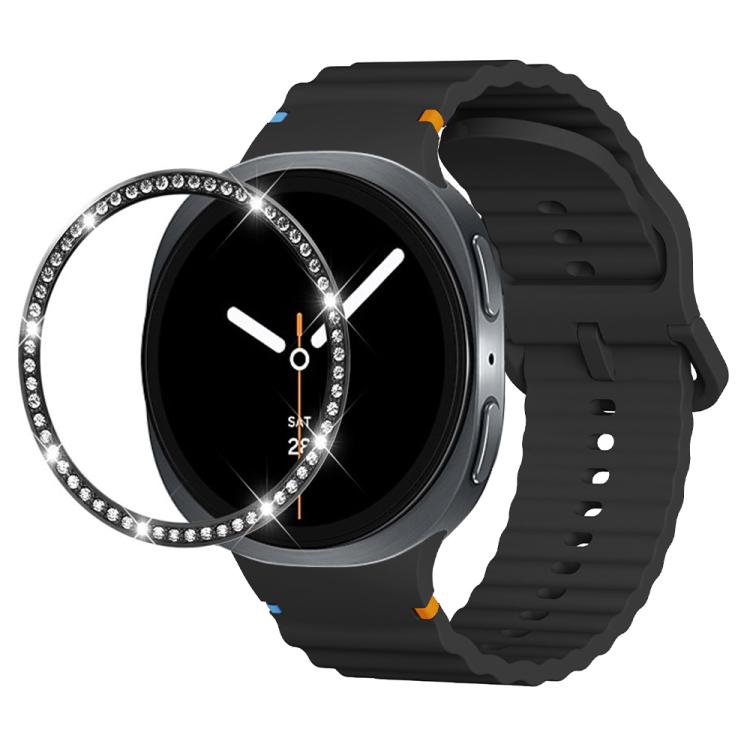 For Samsung Galaxy Watch8 40mm Diamond Bezel and Wavy Grain Stitched Color Buckle Silicone Watch Band(Black Black)
