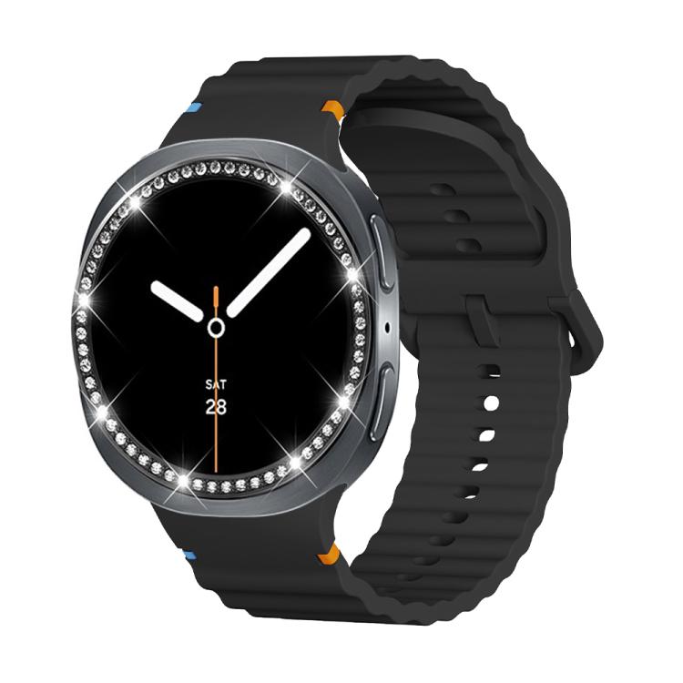 For Samsung Galaxy Watch8 40mm Diamond Bezel and Wavy Grain Stitched Color Buckle Silicone Watch Band(Black Black)