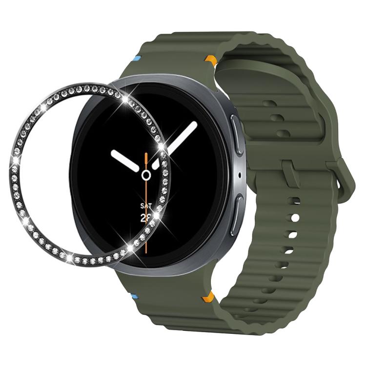 For Samsung Galaxy Watch8 40mm Diamond Bezel and Wavy Grain Stitched Color Buckle Silicone Watch Band(Army Green Black)
