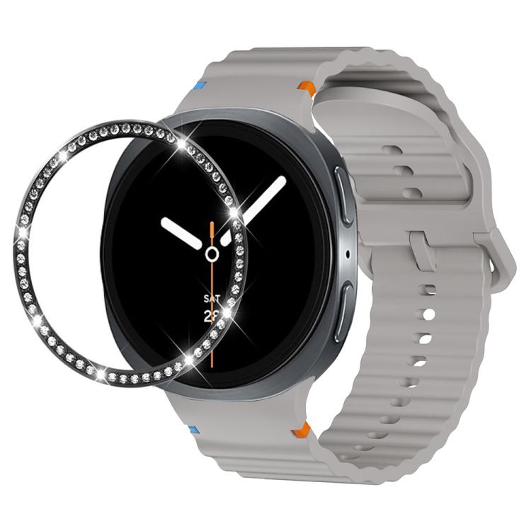 For Samsung Galaxy Watch8 40mm Diamond Bezel and Wavy Grain Stitched Color Buckle Silicone Watch Band(Gray Black)