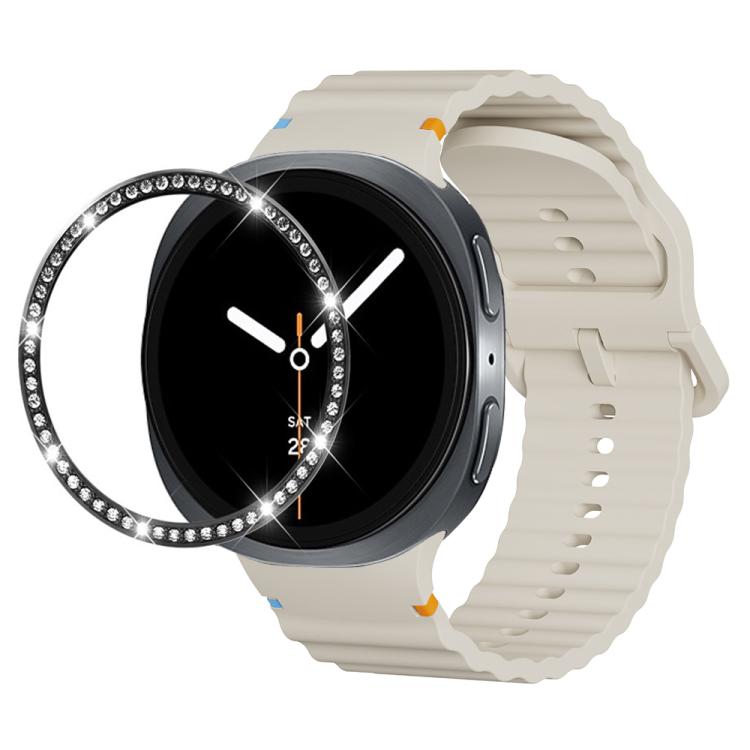 For Samsung Galaxy Watch8 40mm Diamond Bezel and Wavy Grain Stitched Color Buckle Silicone Watch Band(Beige Black)