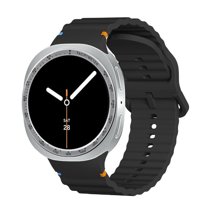For Samsung Galaxy Watch8 44mm Speed Bezel and Wavy Grain Stitched Color Buckle Silicone Watch Band(Black Silver)