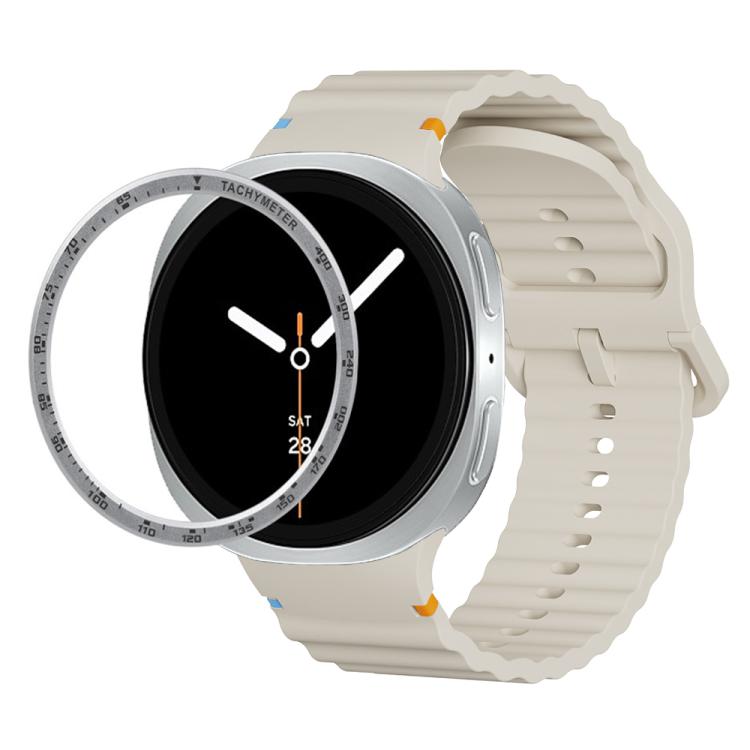 For Samsung Galaxy Watch8 40mm Speed Bezel and Wavy Grain Stitched Color Buckle Silicone Watch Band(Beige Silver)