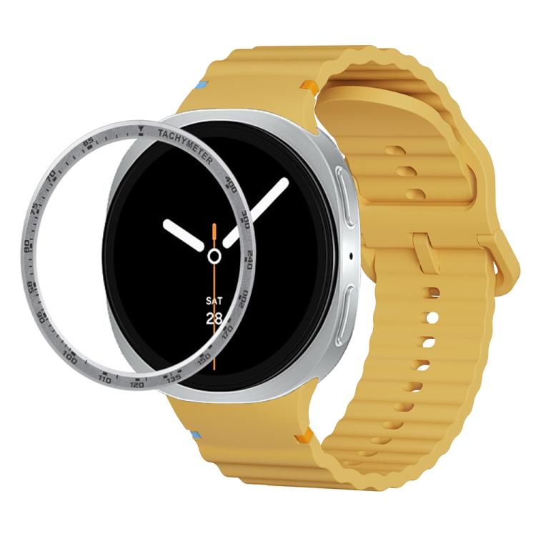 For Samsung Galaxy Watch8 40mm Speed Bezel and Wavy Grain Stitched Color Buckle Silicone Watch Band(Yellow Silver)