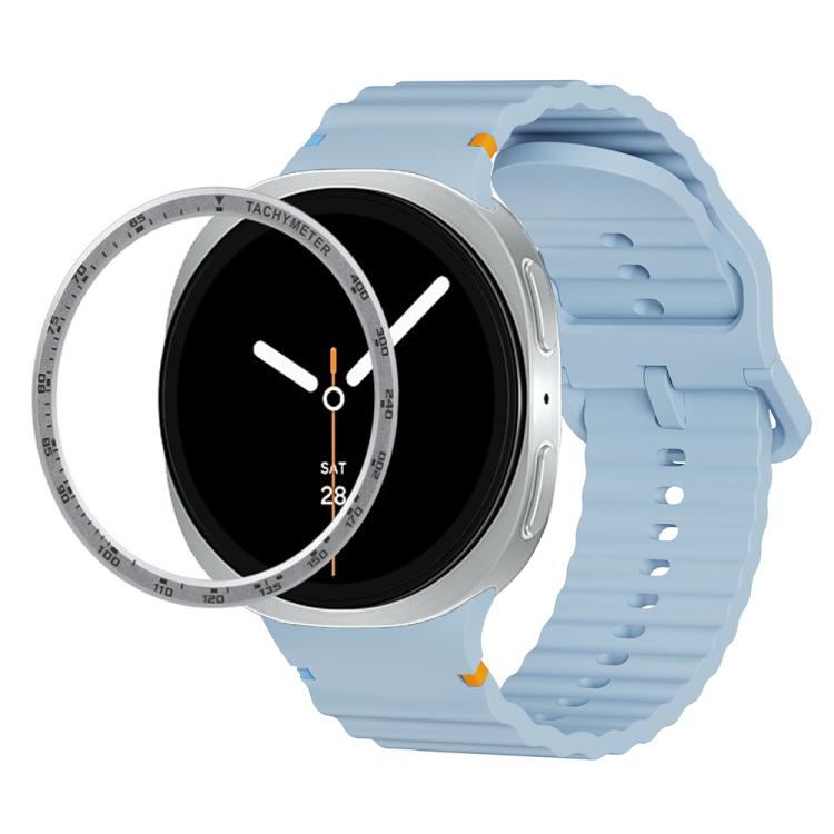 For Samsung Galaxy Watch8 40mm Speed Bezel and Wavy Grain Stitched Color Buckle Silicone Watch Band(Light Blue Silver)