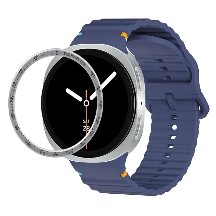 For Samsung Galaxy Watch8 40mm Speed Bezel and Wavy Grain Stitched Color Buckle Silicone Watch Band(Midnight Blue Silver)