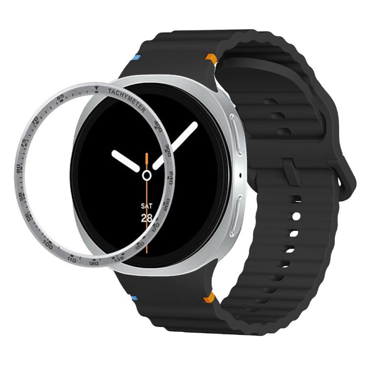 For Samsung Galaxy Watch8 40mm Speed Bezel and Wavy Grain Stitched Color Buckle Silicone Watch Band(Black Silver)