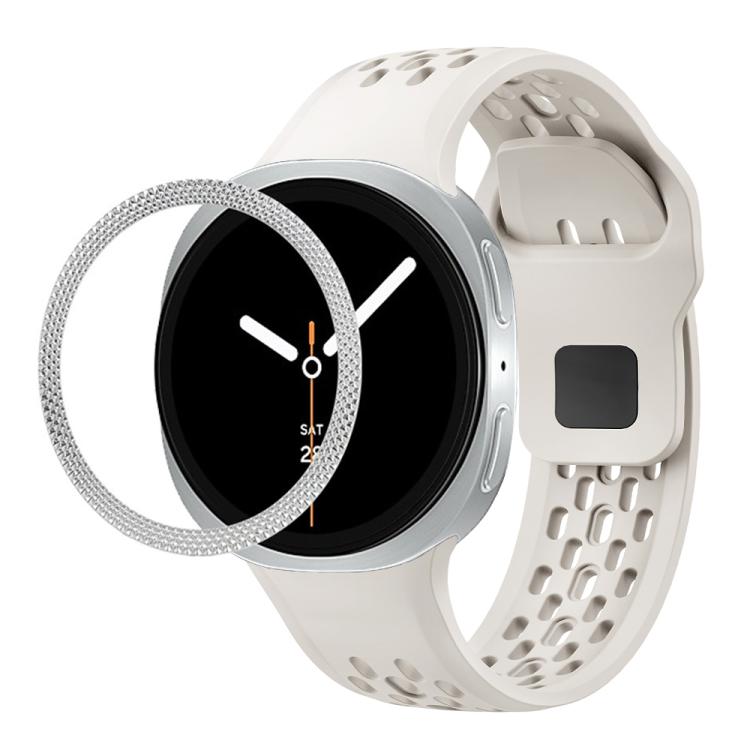 For Samsung Galaxy Watch8 44mm Rhombic Texture Bezel and Black Reverse Buckle Silicone Watch Band(Beige Silver)