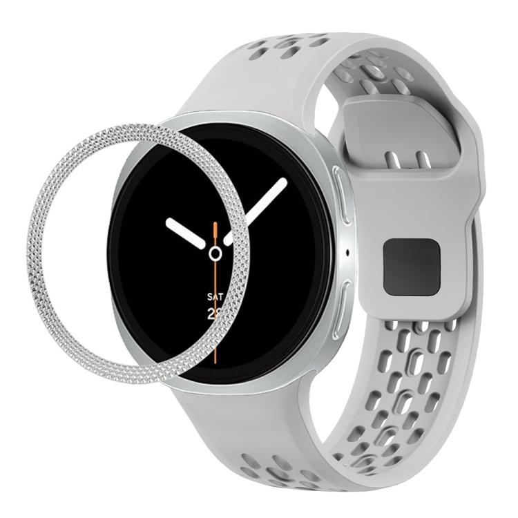 For Samsung Galaxy Watch8 44mm Rhombic Texture Bezel and Black Reverse Buckle Silicone Watch Band(Gray Silver)