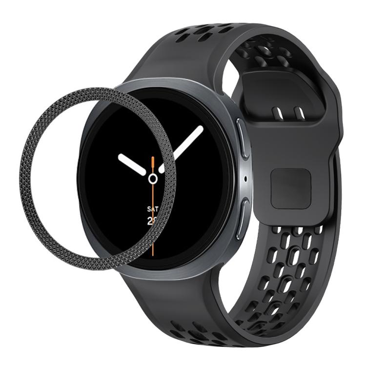 For Samsung Galaxy Watch8 44mm Rhombic Texture Bezel and Black Reverse Buckle Silicone Watch Band(Black Black)