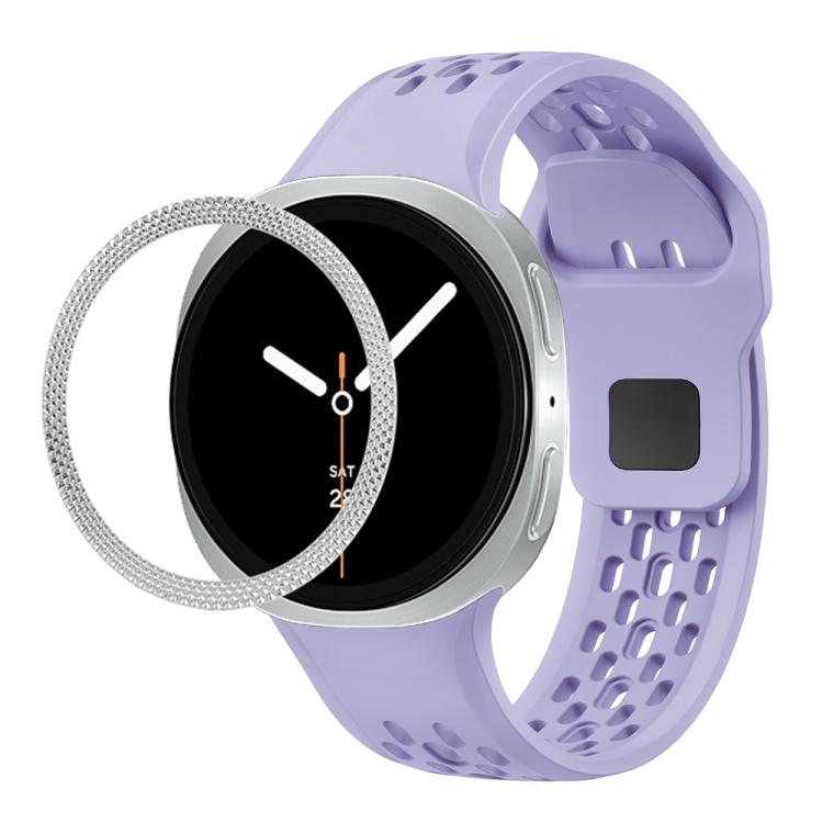 For Samsung Galaxy Watch8 40mm Rhombic Texture Bezel and Black Reverse Buckle Silicone Watch Band(Purple Silver)