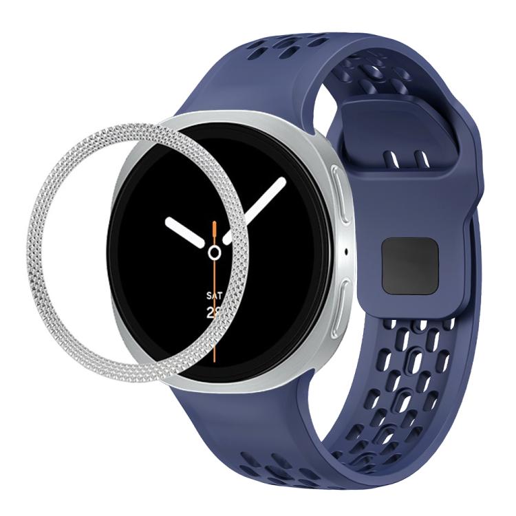 For Samsung Galaxy Watch8 40mm Rhombic Texture Bezel and Black Reverse Buckle Silicone Watch Band(Midnight Blue Silver)