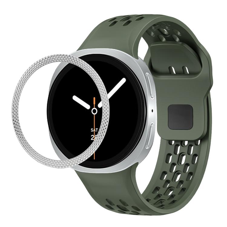 For Samsung Galaxy Watch8 40mm Rhombic Texture Bezel and Black Reverse Buckle Silicone Watch Band(Army Green Silver)