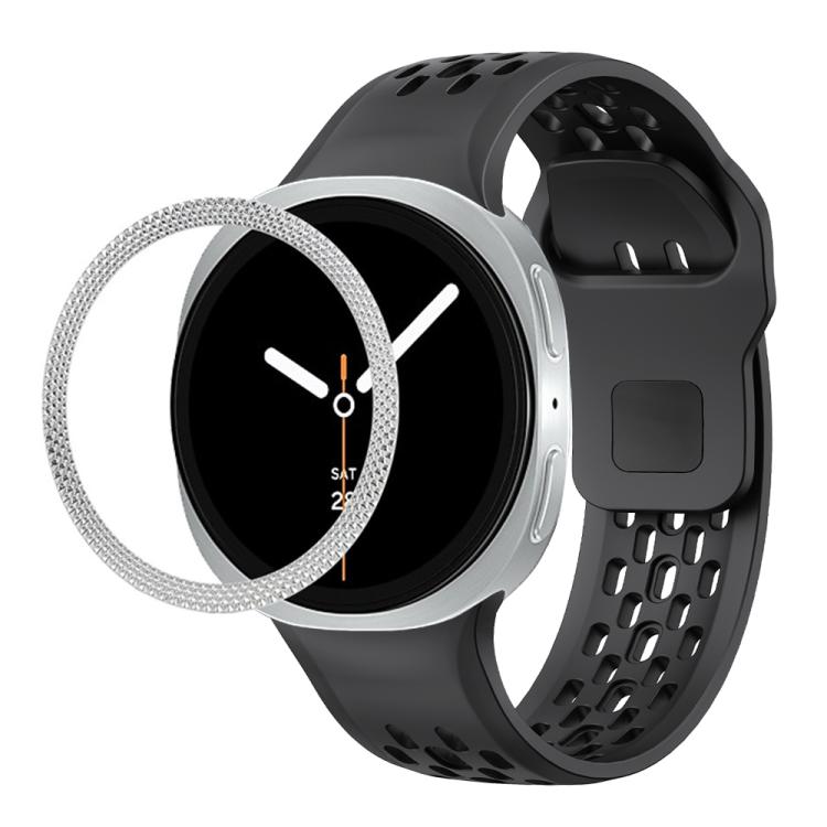 For Samsung Galaxy Watch8 40mm Rhombic Texture Bezel and Black Reverse Buckle Silicone Watch Band(Black Silver)