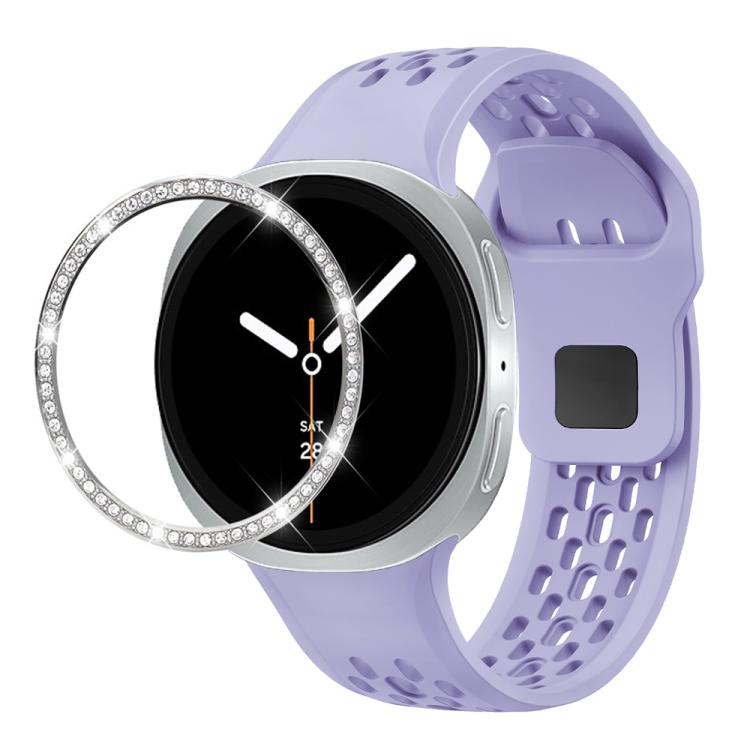 For Samsung Galaxy Watch8 44mm Diamond Bezel and Black Reverse Buckle Silicone Watch Band(Purple Silver)