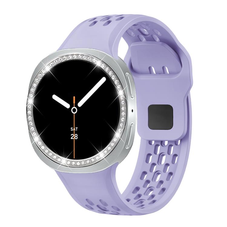 For Samsung Galaxy Watch8 44mm Diamond Bezel and Black Reverse Buckle Silicone Watch Band(Purple Silver)