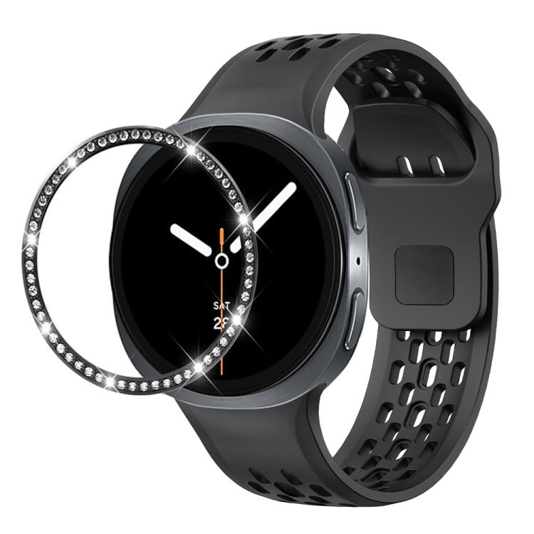 For Samsung Galaxy Watch8 44mm Diamond Bezel and Black Reverse Buckle Silicone Watch Band(Black Black)