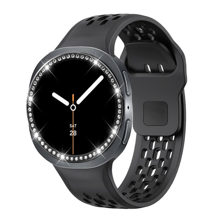 For Samsung Galaxy Watch8 44mm Diamond Bezel and Black Reverse Buckle Silicone Watch Band(Black Black)