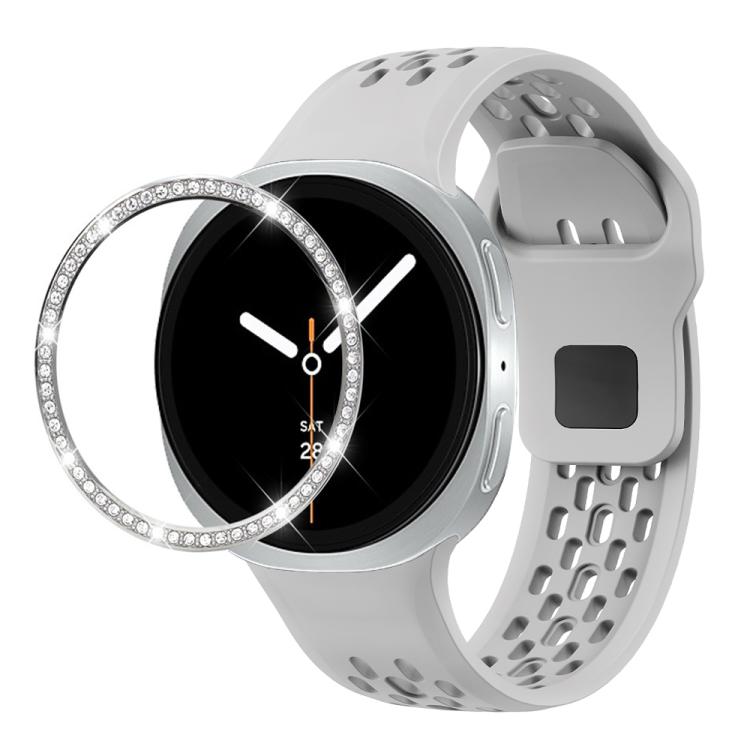 For Samsung Galaxy Watch8 40mm Diamond Bezel and Black Reverse Buckle Silicone Watch Band(Gray Silver)