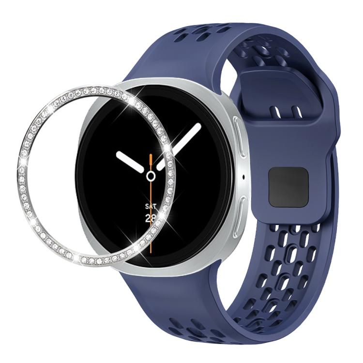For Samsung Galaxy Watch8 40mm Diamond Bezel and Black Reverse Buckle Silicone Watch Band(Midnight Blue Silver)