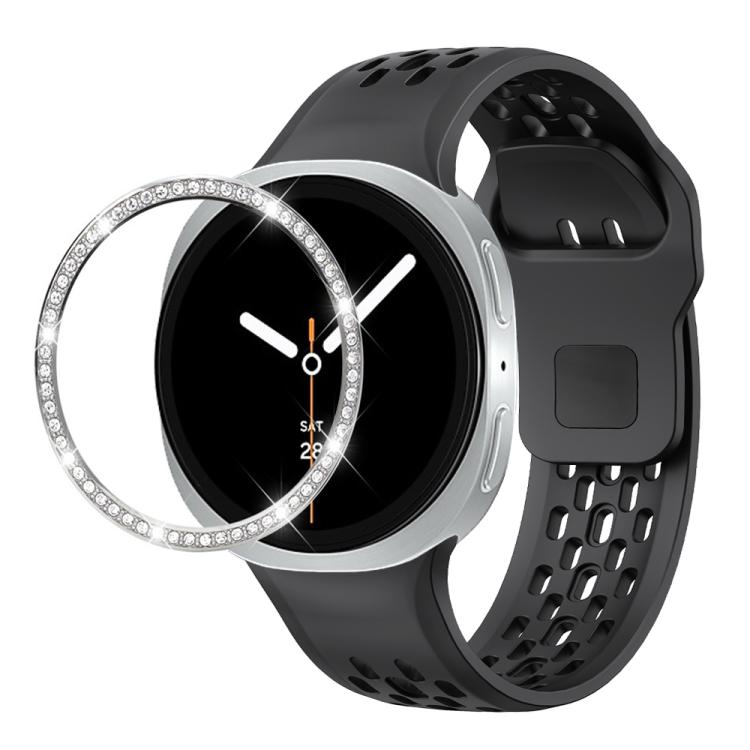 For Samsung Galaxy Watch8 40mm Diamond Bezel and Black Reverse Buckle Silicone Watch Band(Black Silver)