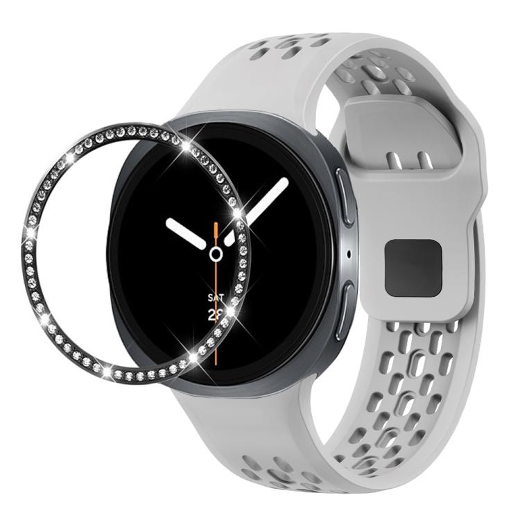 For Samsung Galaxy Watch8 40mm Diamond Bezel and Black Reverse Buckle Silicone Watch Band(Gray Black)
