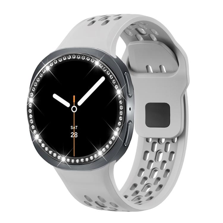For Samsung Galaxy Watch8 40mm Diamond Bezel and Black Reverse Buckle Silicone Watch Band(Gray Black)