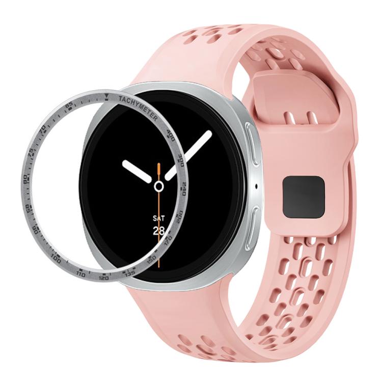 For Samsung Galaxy Watch8 44mm Speed Bezel and Black Reverse Buckle Silicone Watch Band(Pink Silver)