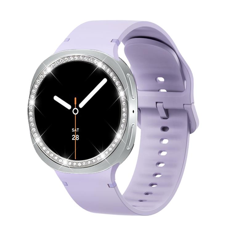 For Samsung Galaxy Watch8 44mm Diamond Bezel and Solid Color Stitched Silicone Watch Band(Official Purple Silver)