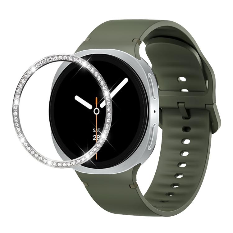 For Samsung Galaxy Watch8 44mm Diamond Bezel and Solid Color Stitched Silicone Watch Band(Army Green Silver)