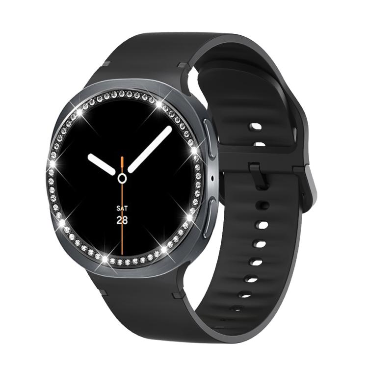 For Samsung Galaxy Watch8 44mm Diamond Bezel and Solid Color Stitched Silicone Watch Band(Black Black)
