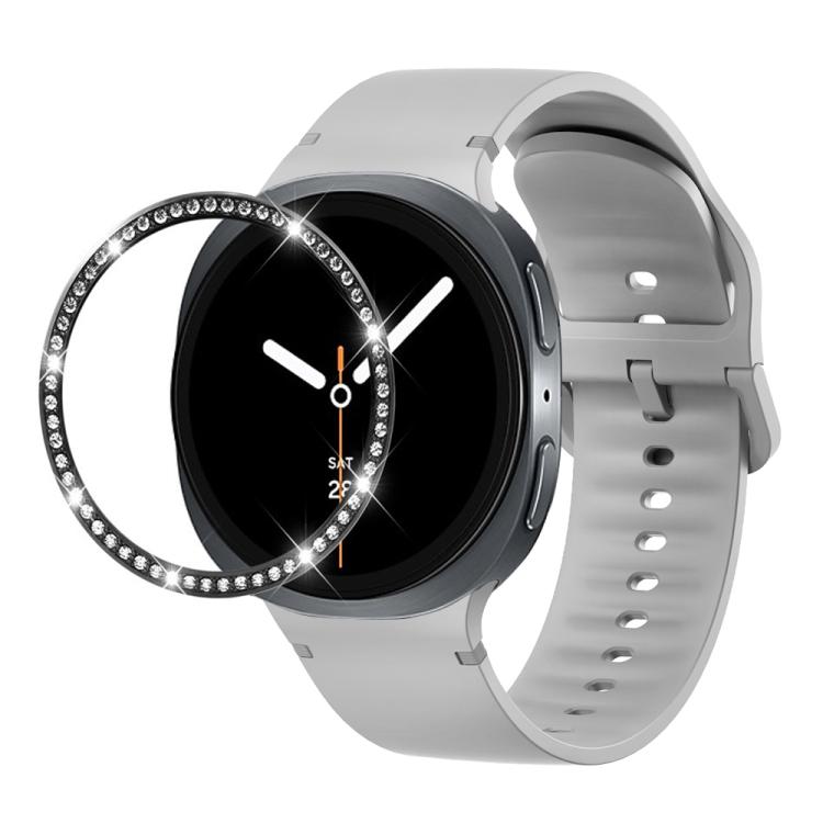 For Samsung Galaxy Watch8 44mm Diamond Bezel and Solid Color Stitched Silicone Watch Band(Gray Black)