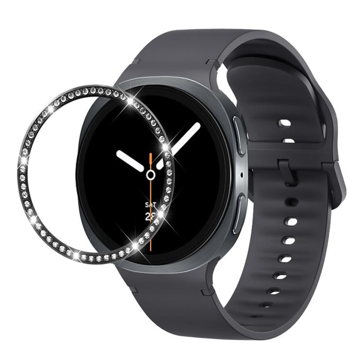 For Samsung Galaxy Watch8 44mm Diamond Bezel and Solid Color Stitched Silicone Watch Band(Dark Gray Black)