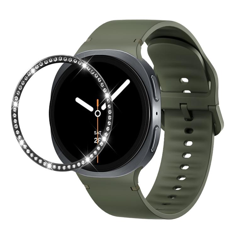For Samsung Galaxy Watch8 44mm Diamond Bezel and Solid Color Stitched Silicone Watch Band(Army Green Black)