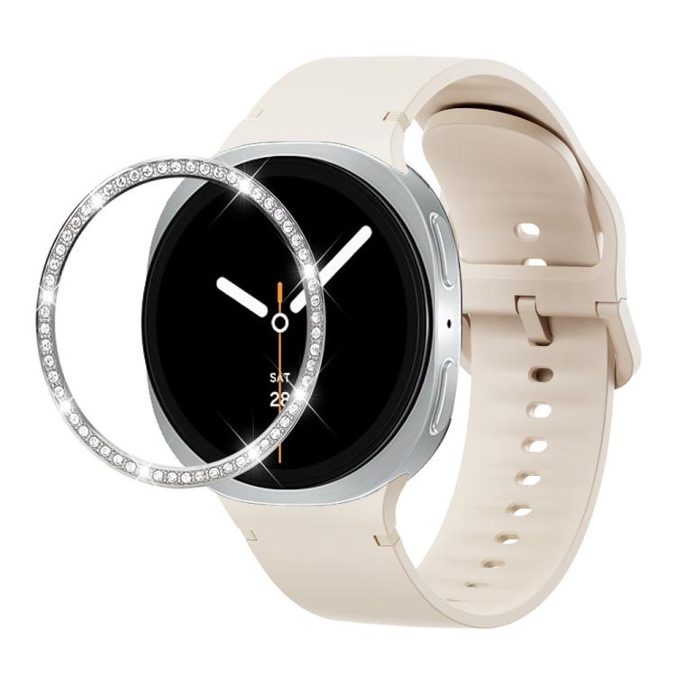 For Samsung Galaxy Watch8 40mm Diamond Bezel and Solid Color Stitched Silicone Watch Band(Starlight Silver)