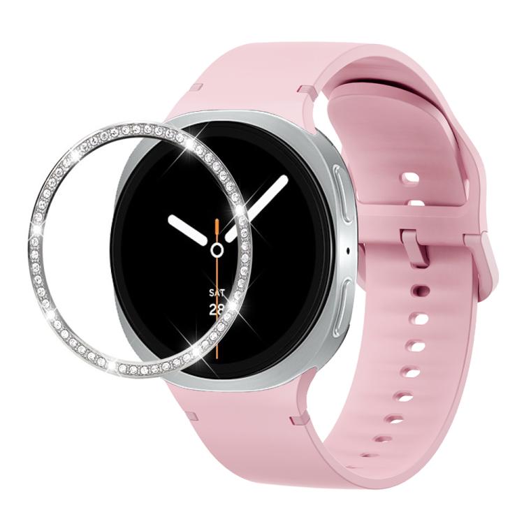 For Samsung Galaxy Watch8 40mm Diamond Bezel and Solid Color Stitched Silicone Watch Band(Light Pink Silver)